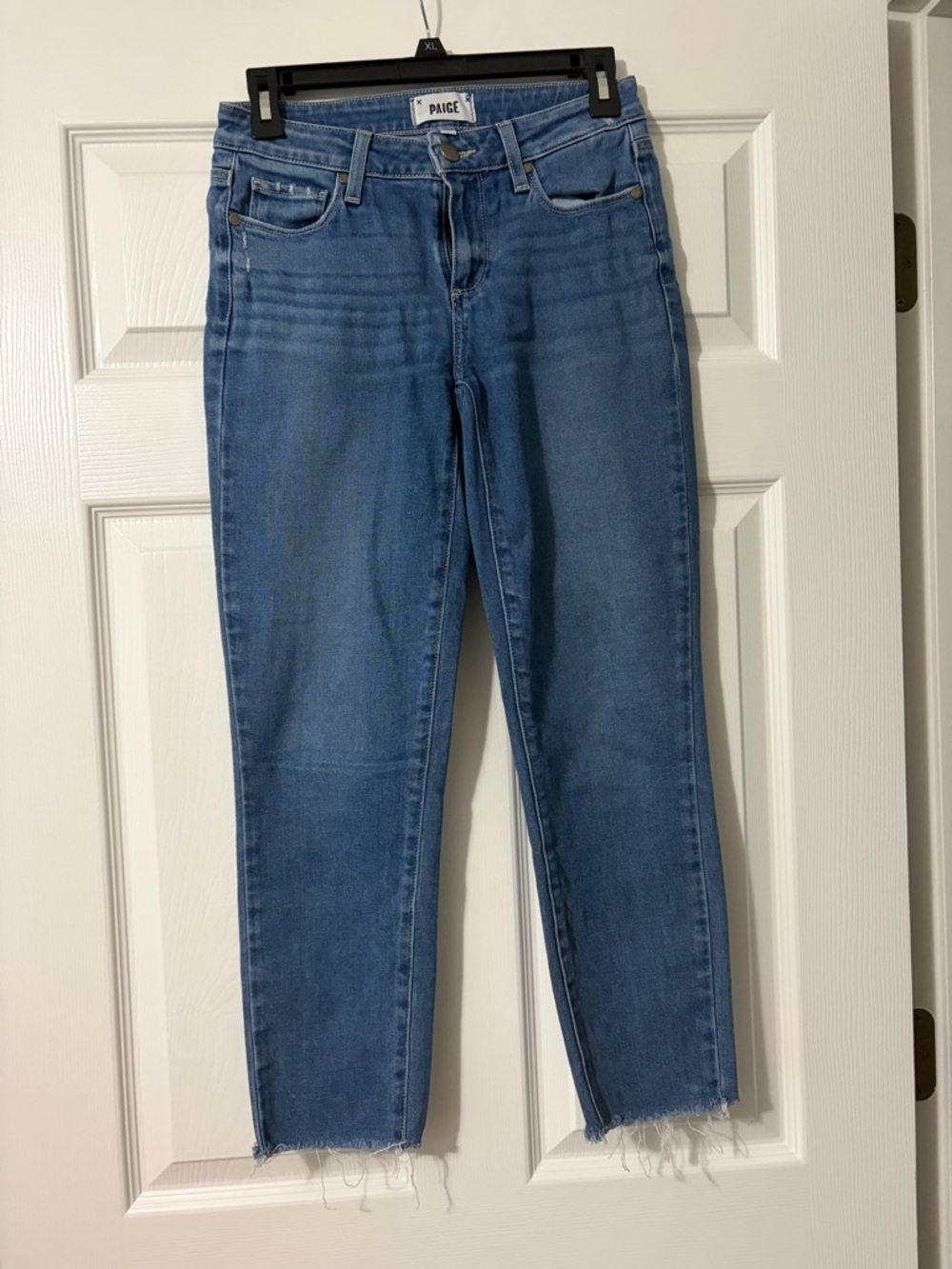 PAIGE Medium Blue High-Rise Cropped Jeans with Raw Hem